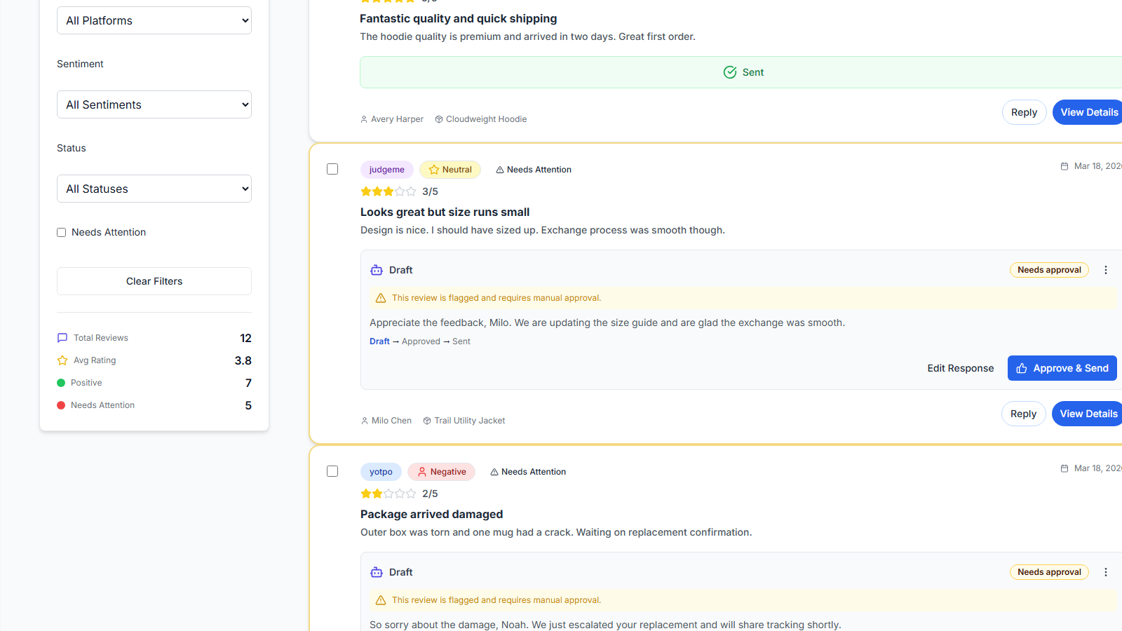 TrustForge review response modal with reply editor and send button