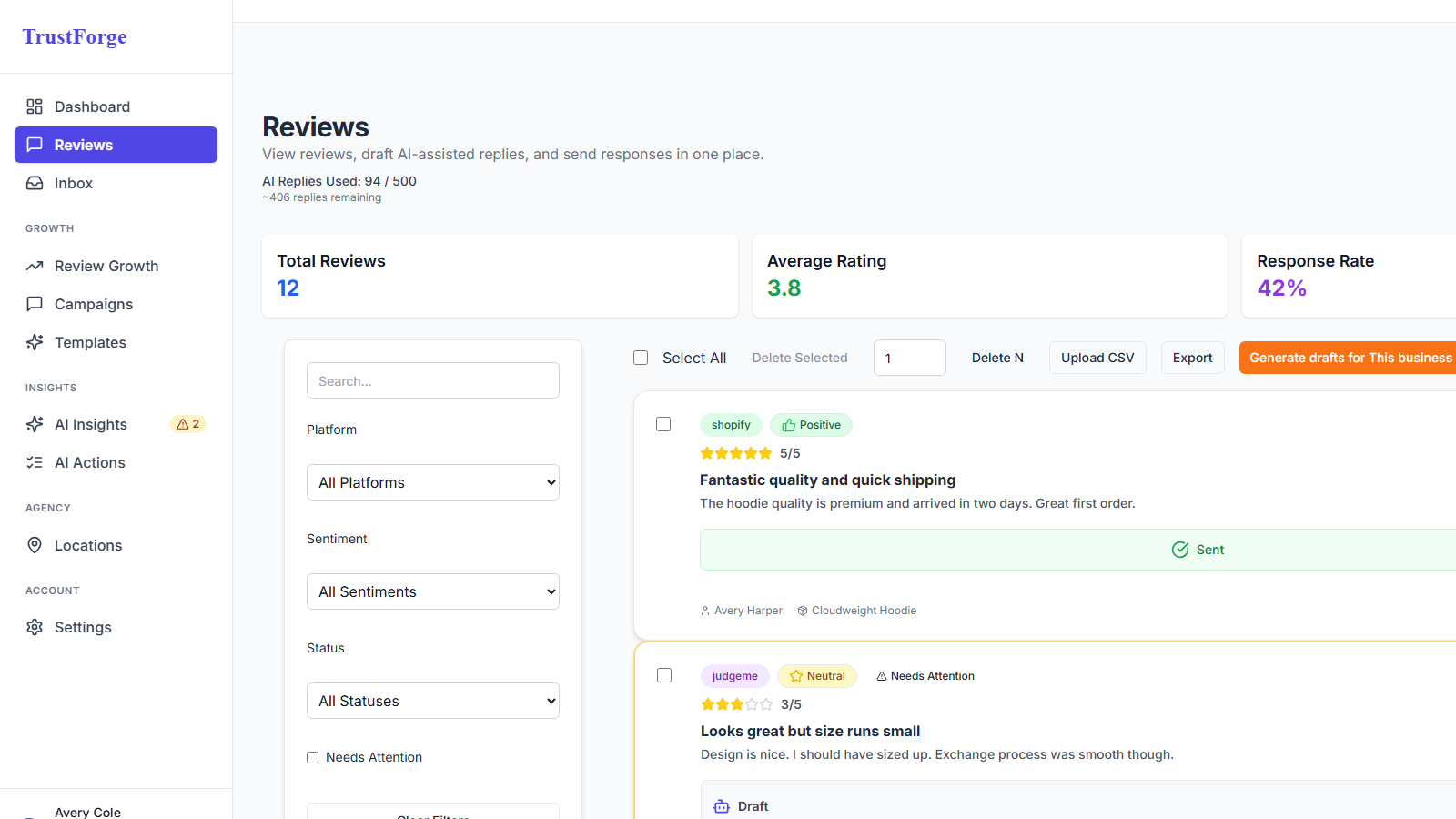 TrustForge reviews dashboard showing filters, ratings, and review list